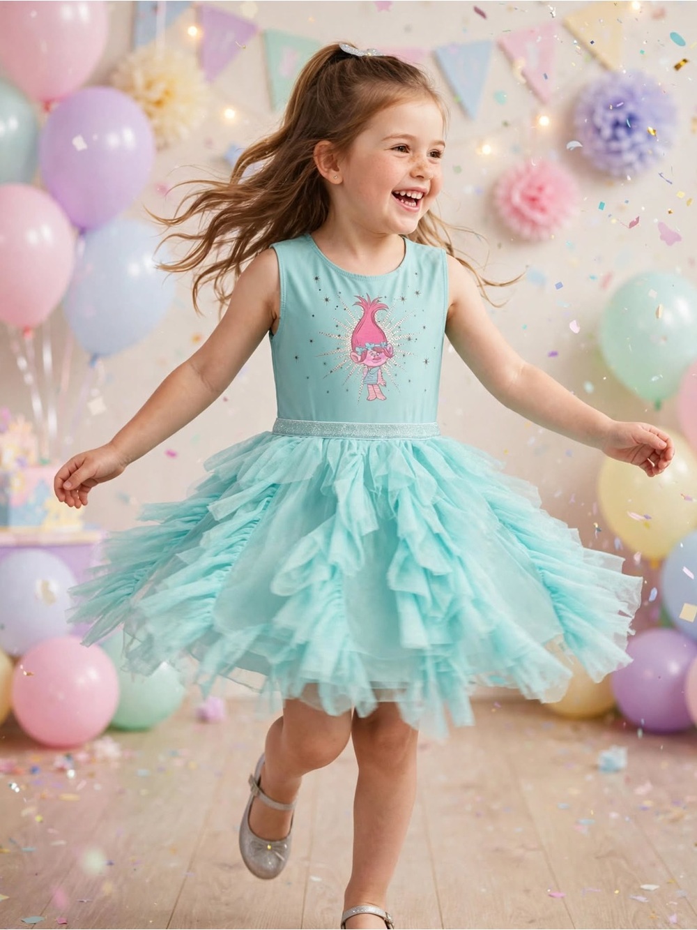 Dreamworks Trolls Poppy Dress 4T Aqua Tutu Tulle Glitter Party Birthday